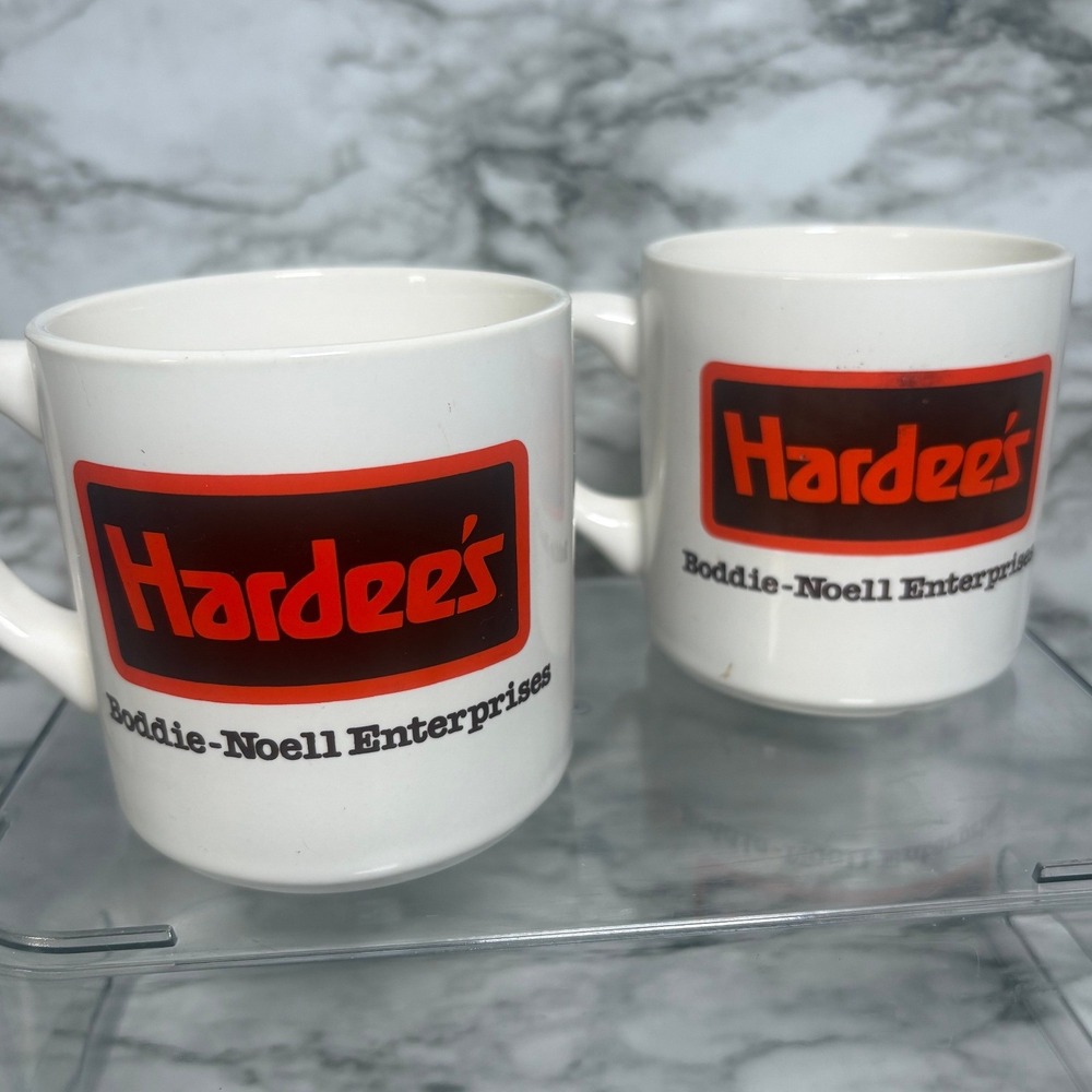 Vintage Hardee's Coffee Mugs Boddie-Noell Enterprises White Ceramic Set of 2 USA